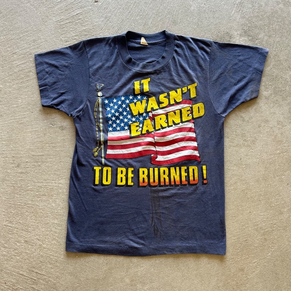Vintage 80s USA Flag Shirt Size Medium Navy Blue‎ It Wasn't Earned To Be Burned